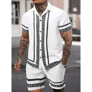 Men's summer geometric pattern casual vacation short sleeved shirt and shorts set