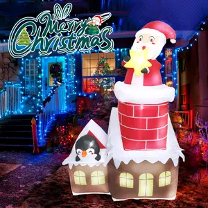 7 FT Christmas Inflatable House Decoration, Santa in Chimney with Penguin & LED Lights, Blow Up Christmas Inflatable Yard Decor for Holiday Party, Lawn, Garden
