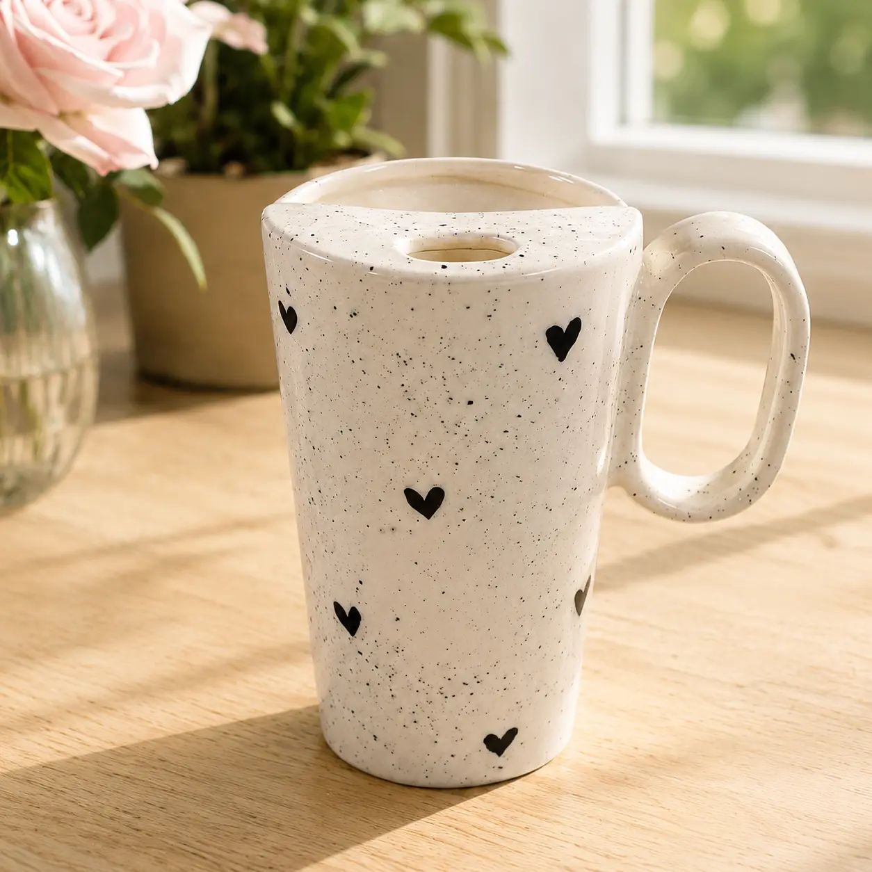 Ceramic Coffee Mug with Black Heart and White Handle 12oz Reusable Dishwasher and Microwave Safe Handmade Coffee Lover Gift with Lid Perfect for Mother's Day