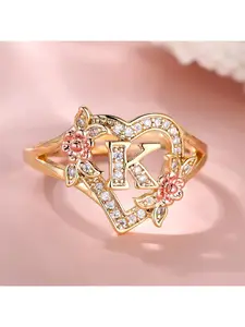 Cute Female A-Z Letter Rose Flower Wedding Rings Promise Open Adjustable Engagement Jewelry For Women Adjustable Initial Rings