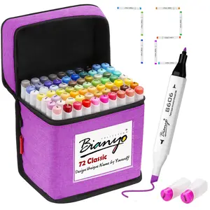 Bianyo 72 Primary Colors Alcohol Markers Set, Double Tipped Fine & Chisel Art Marker Set for Coloring, Drawing, Sketching, 71 Classic Colors+1 Blender+1 Swatch+1 Purple Travel Case