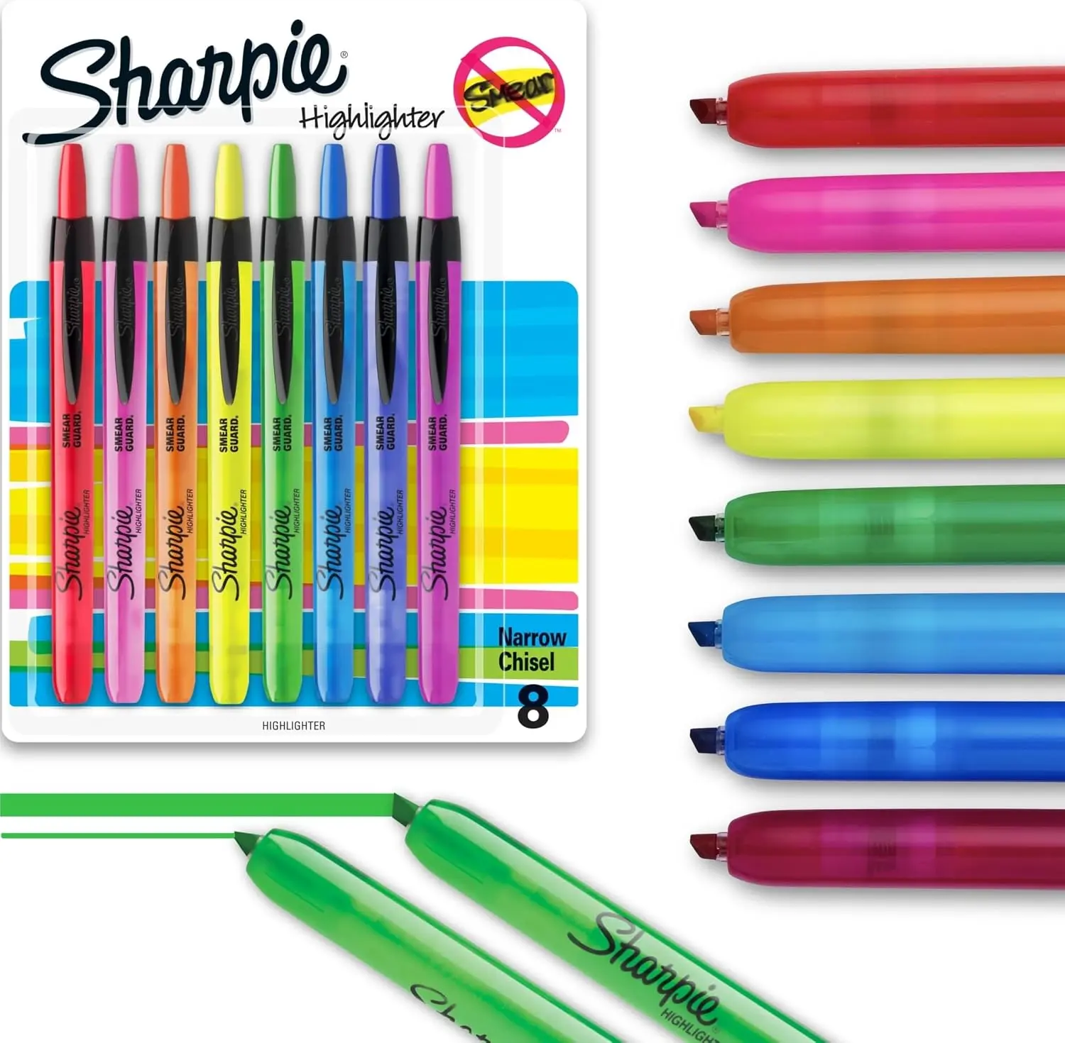 Sharpie Retractable Highlighters, Chisel Tip, Assorted Colors, Smear-Resistant, 8 Count - Teacher Essentials, Back to School Supplies