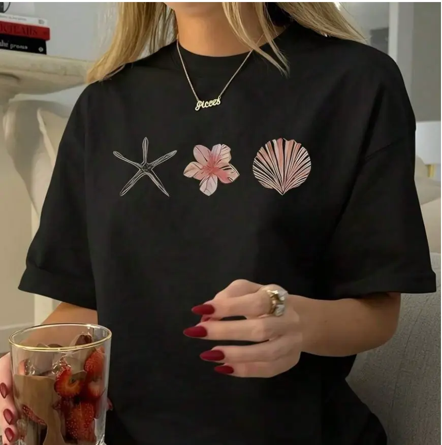 Women's Casual Oversized Graphic T-Shirt - 100% Cotton Soft Lightweight Pastel Tops with Half Sleeve, Round Neck, Floral, Gradient, Striped, Baggy Loose Fit, Thin Fabric, Plus Sizes for Tropical Island Wear