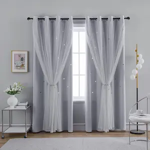 Polyester Lace Star Cutout Curtain, Blackout Drapes for Bedroom, Holiday Style, Cute Princess Look, Transparent Double Layer Design, Privacy Grommet Curtains
