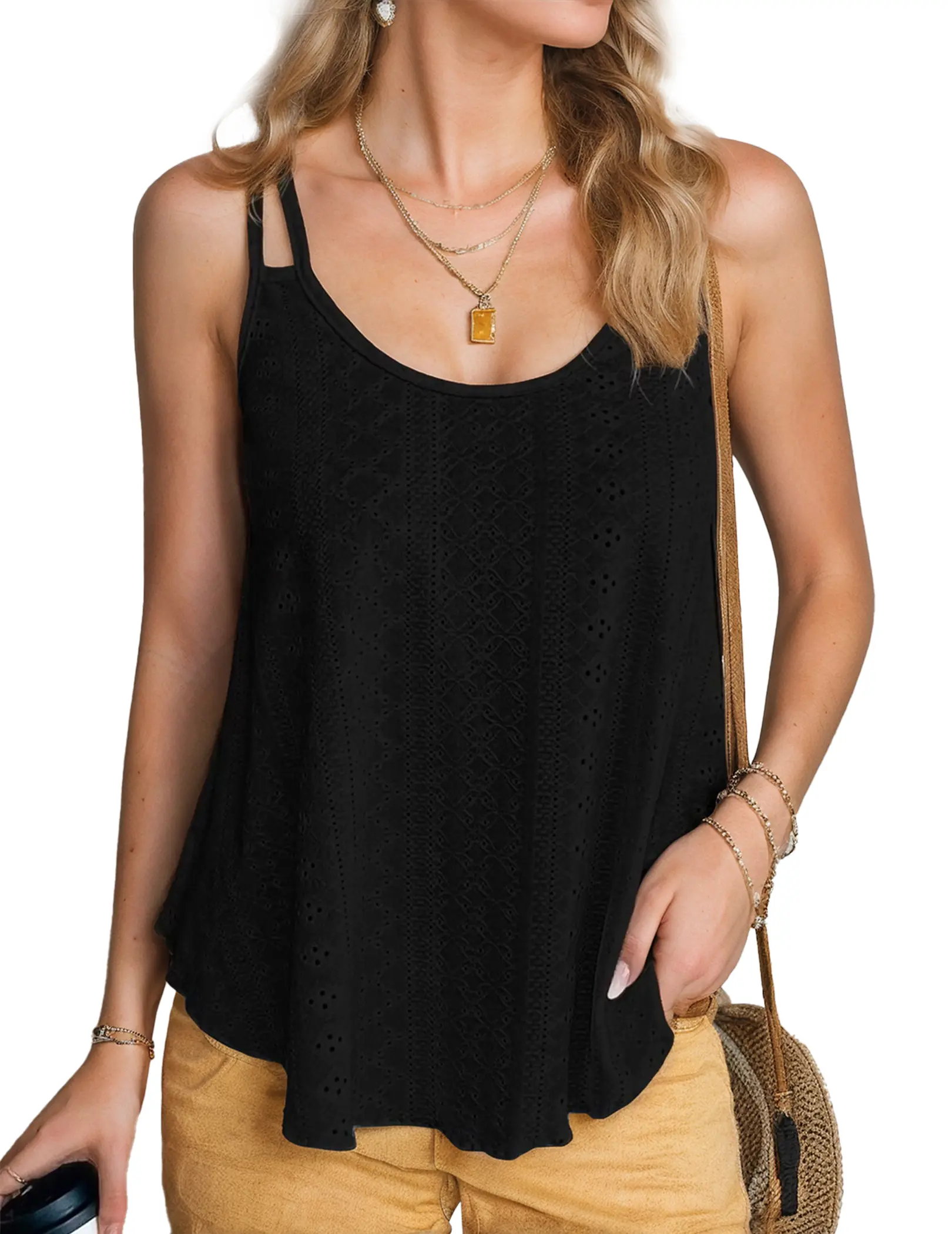ZEAGOO Womens Cute Tank Tops Eyelet Sleeveless Spaghetti Strap Scoop Neck Loose Casual 2025 Summer Beach Vacation Flowy Shirts