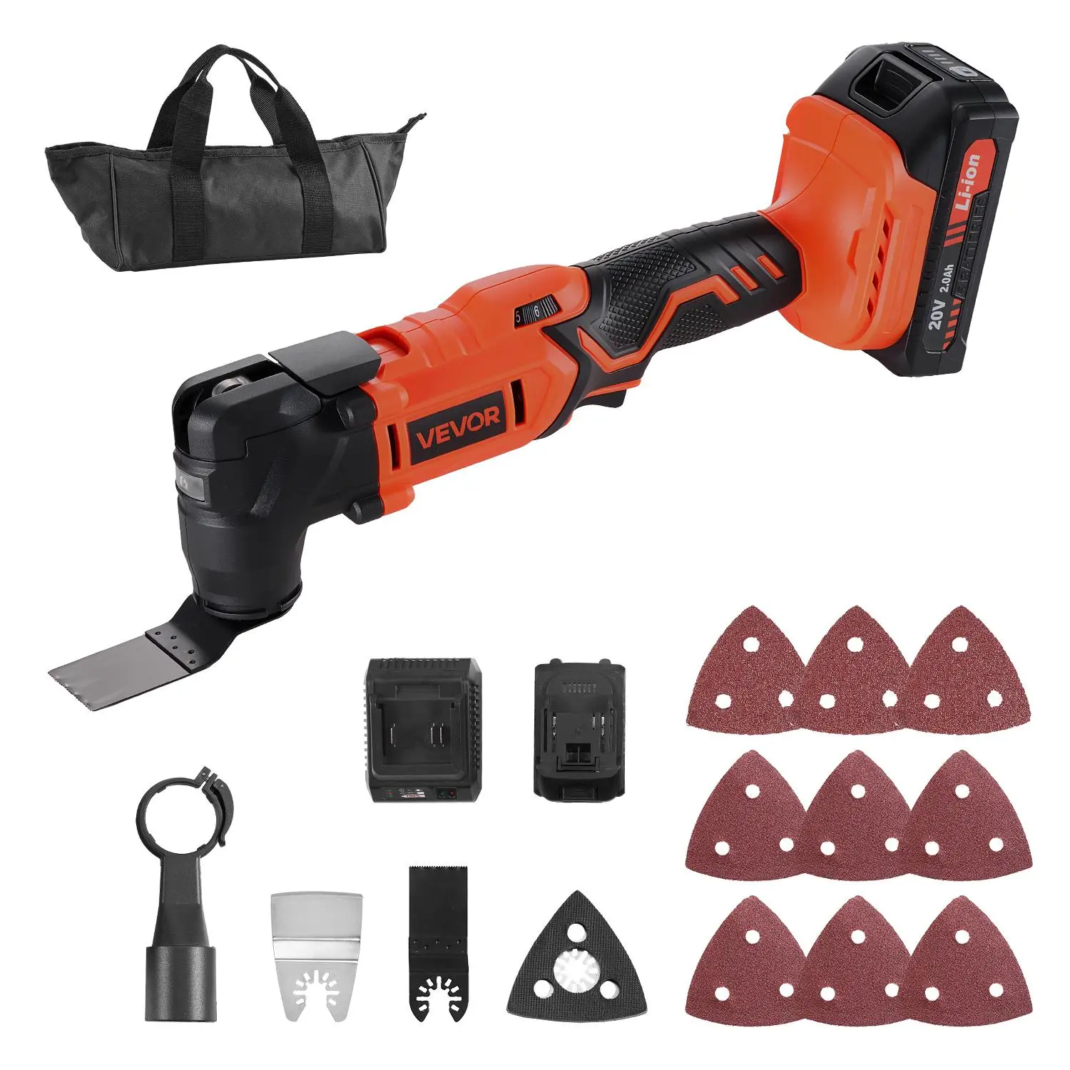 【DealsForYouDays】VEVOR Cordless Oscillating Tool, 20V Oscillating Multi Tool Kit with 6 Variable Speeds 8500 - 17000 OPM, 3.2° Oscillation Angle, 2.0Ah Battery Pack & Charger, 12PCS Saw Accessories & LED Work Light, Tool Kit Set