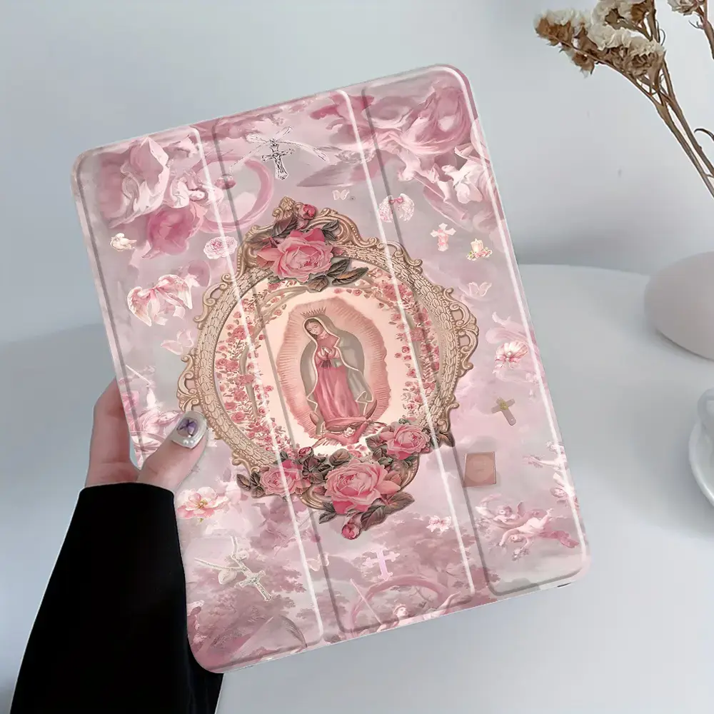 Protective Tablet Case with Elegant Virgin Mary Pattern, 4-Corner Shockproof Design, Pen Slot, Foldable Stand - Compatible with iPad Mini/Air/Pro 4-7 (2017-2025), Samsung S6-S10FE + A7 LTE, Pencil - Tablet Accessory for Girls, 4-Corner Design