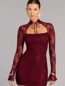 Elegant Lace Cut-Out Bodycon Dress, High Neck Tie Front Design, Long Sleeve Slim Fit, Perfect for Parties and Dates, Aesthetic, Womenswear