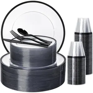 600 count Clear and Black Disposable Plates Set, Heavy Duty Plastic Dinnerware Set for 100 Guests Includes 100 Dinner & Dessert Plates, Cups, Spoons, Forks, and ,  for Parties, Weddings