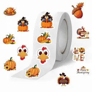 Thanksgiving Themed Sticker Roll, 500pcs/roll Cute Turkey Holiday Fall Thanksgiving Autumn Label Roll, Decoration for Greeting Cards Envelopes Scrapbooking Gift, Ornaments
