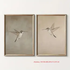 2-Piece Vintage Hummingbird Wall Art Canvas Poster Set Minimalist Retro Bird Countryside Decor Rustic Style Apartment Accent Flat-Packed Frameless Design