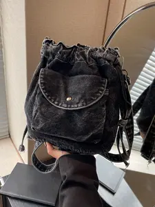 Niche retro denim drawstring shoulder bag, simple casual crossbody mobile phone bag, Crossbody Purses, Cross Body Bags, distressed small pocket practical trendy design, daily versatile bag, suitable for students, shopping, dating, etc.