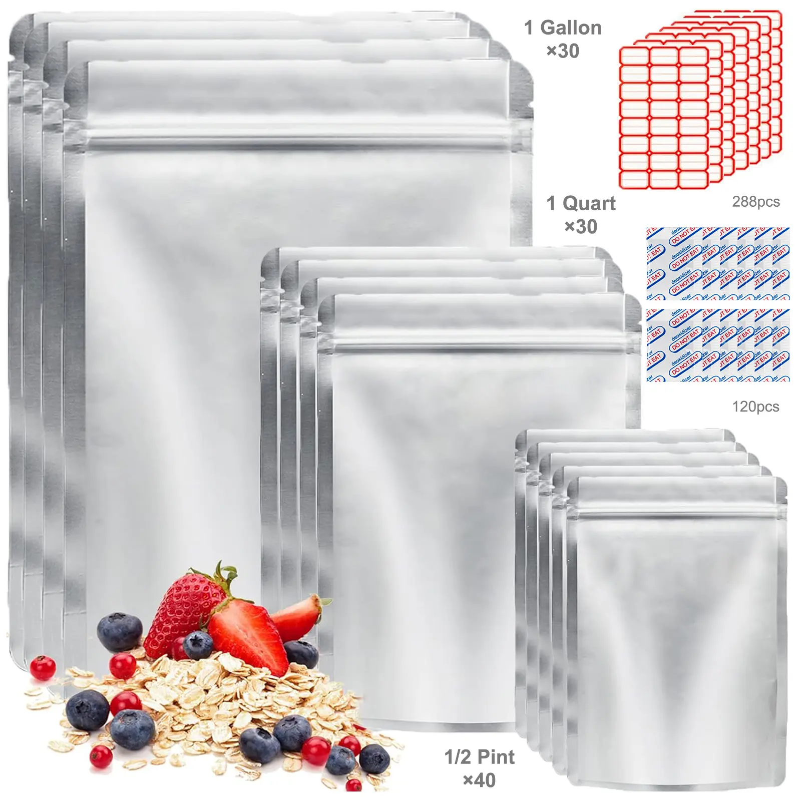 100 Mylar Food Storage Bags w/O2 Absorbers+ 144 Labels | Stand-Up Zipper for Long-Term Storage & Preppers Aluminum Containers Kitchen Utensils