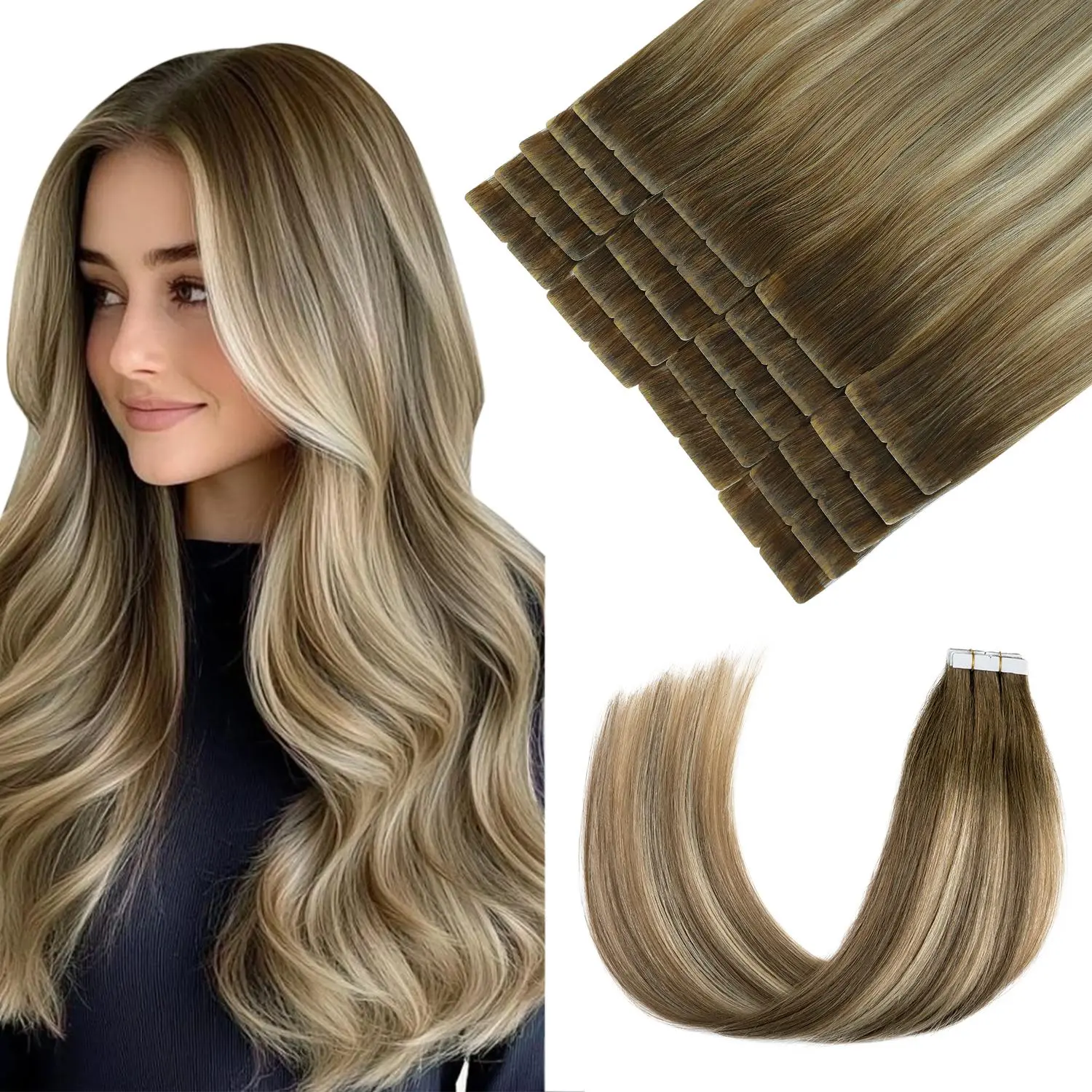 Pinkpearl Invisible Tape in Hair Extensions Human Hair 20pcs Invisi Edge Tape in Extensions Virgin Remy Injected Human Hair Seamless Straight Natural for Women