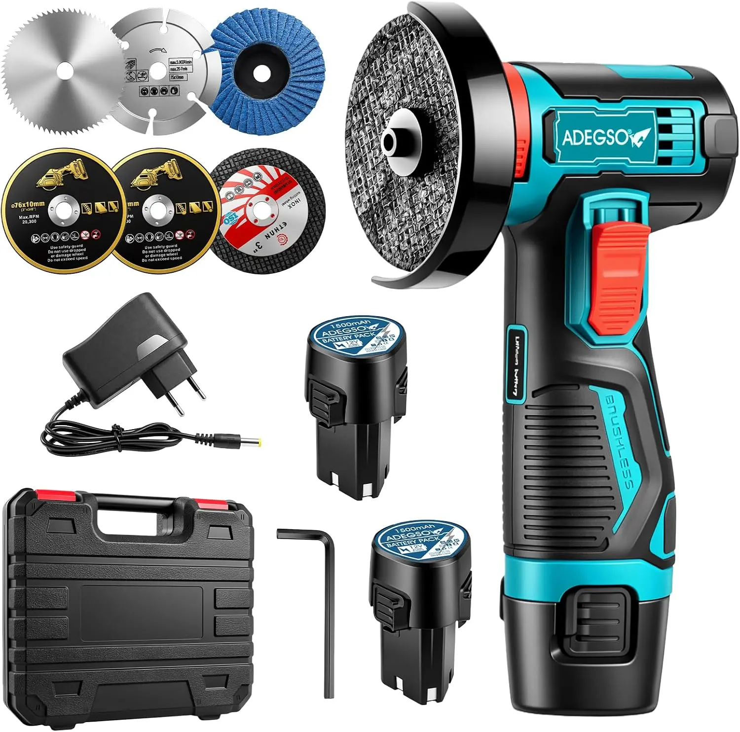 12V Mini Brushless Cordless Handheld Angle Grinder Kit, 19500 RPM High-Speed Power Tool with 2x1500mAh Lithium-Ion Batteries, 4 Cutting Blades, Ergonomic Handle for Metal Working, Concrete Tasks