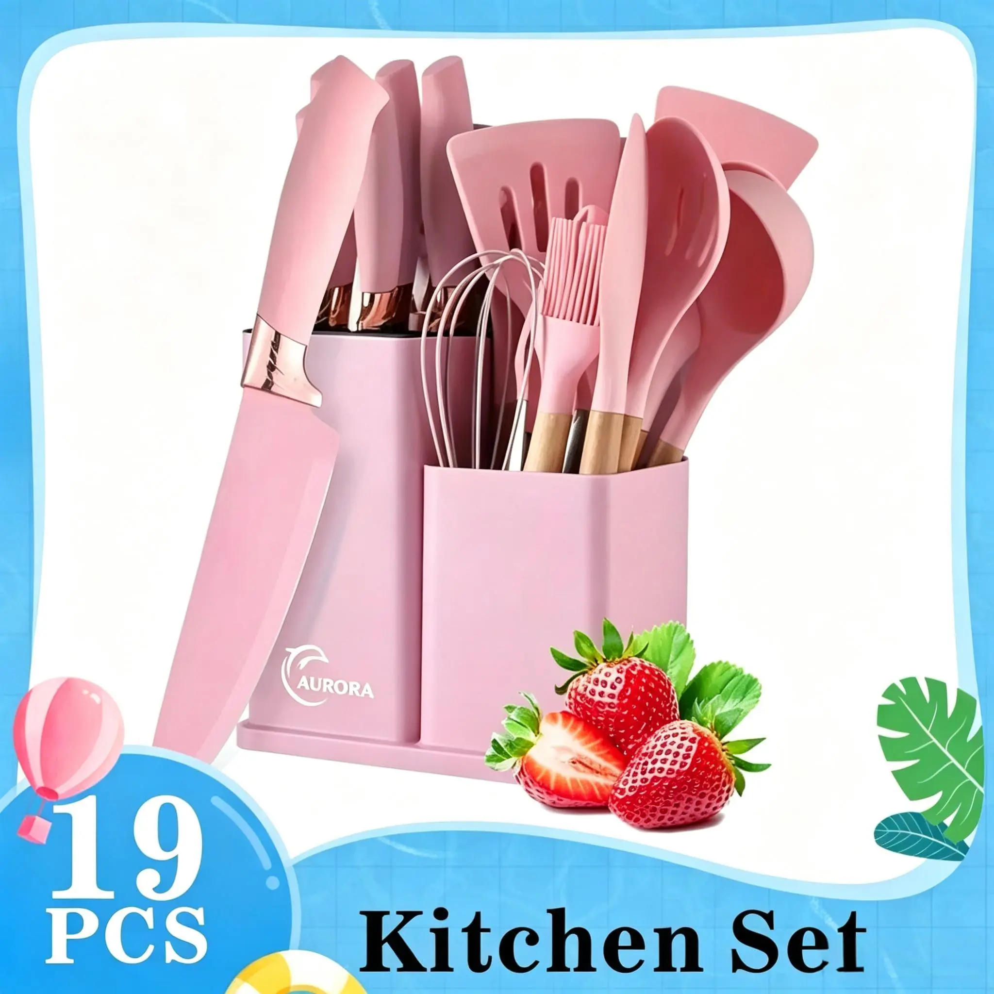 19-Piece Kitchen Cookware Sets - Nonstick Cooking Set with 9 Silicone Utensils, 5 Sharp Stainless Steel Chef Knives, Scissors, Whisk, Tongs, Cutting Board, Wood Accents, Ideal for All Seasons Baking (Pink, Black), 19-Piece Set