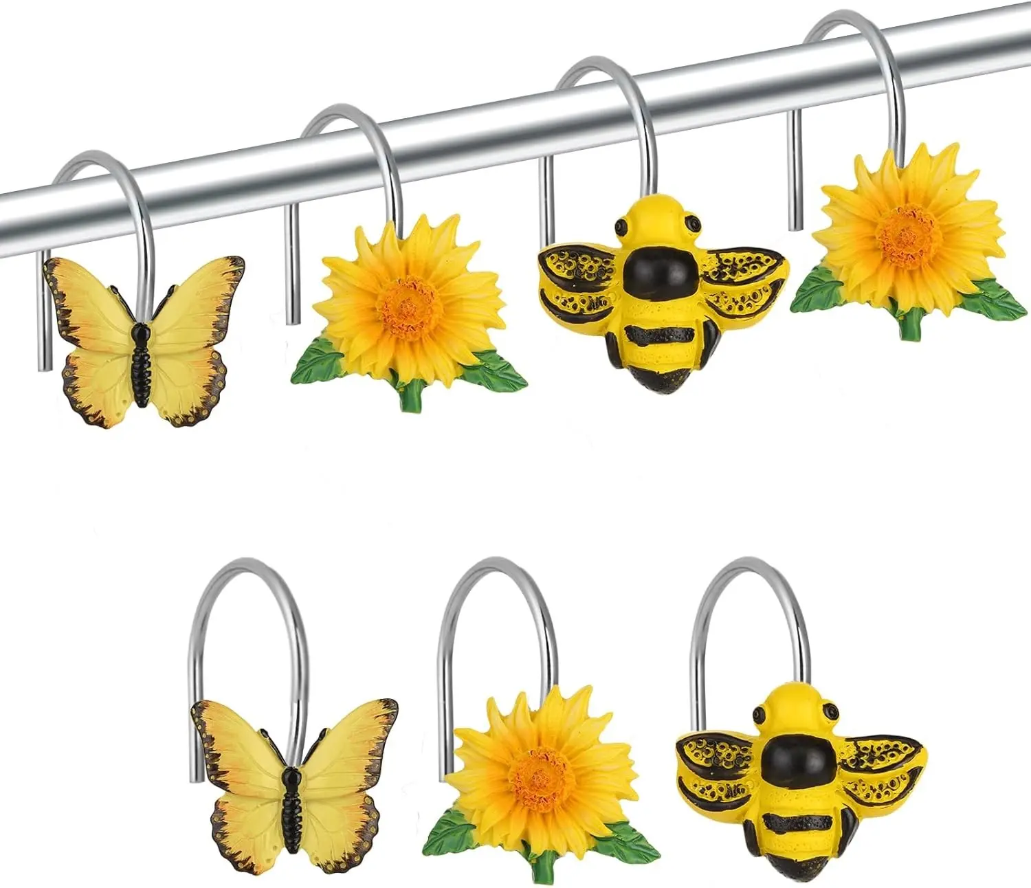 12PCS Yellow Sunflower Bee Butterfly Decorative Shower Curtain Hooks - Stainless Steel Anti-Rust Resin, 3 Shape Designs, for Home Bathroom Decoration & Organization, Farmhouse