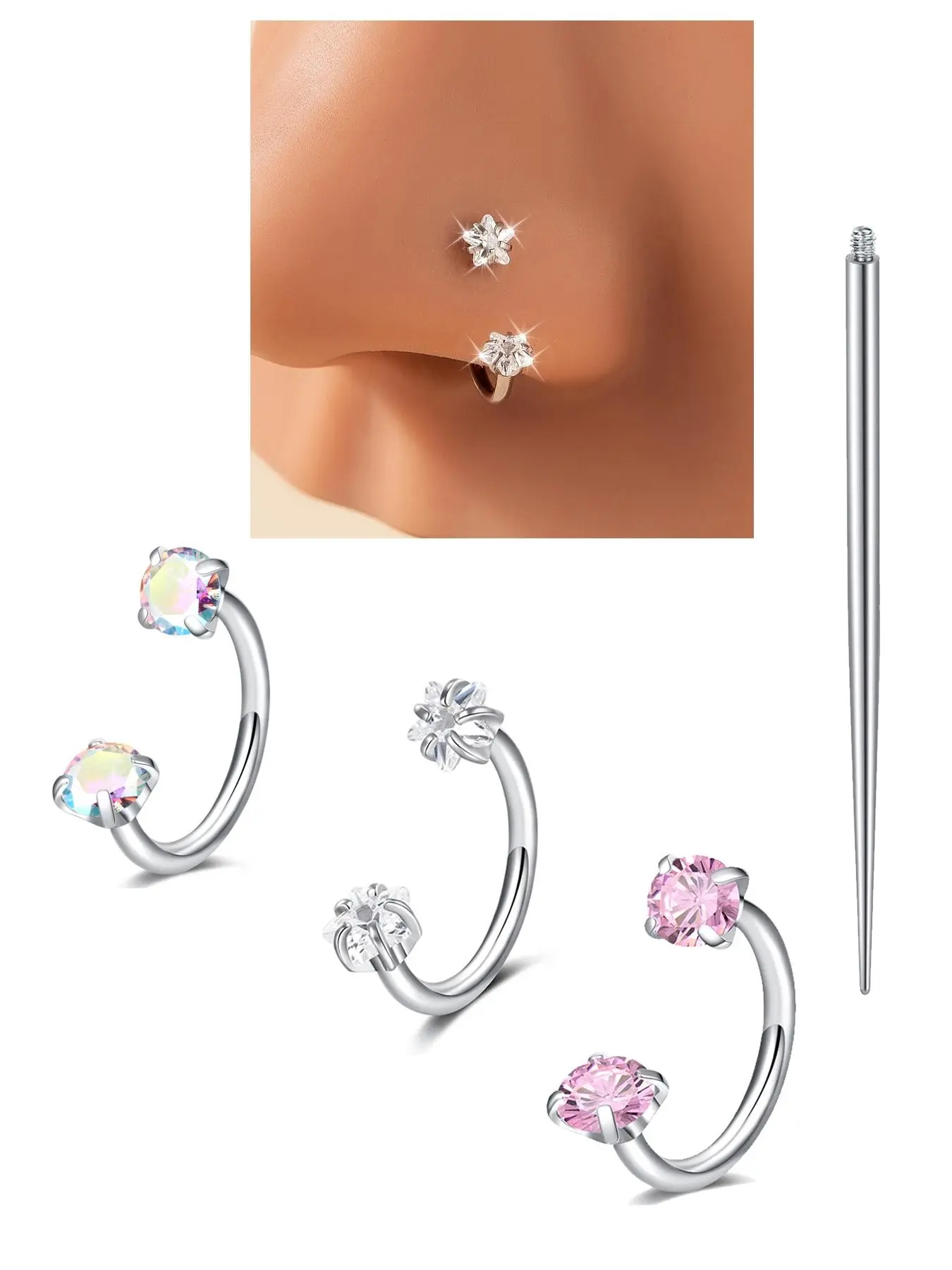 4Pcs Heart Star Cz Horseshoe Nose Rings Hoops Internal Threaded Design, Stainless Steel 18 Gauge 8mm Hoops for Multiple Piercings, Perfect for Nose Cartilage Tragus Helix Pierced Ring and Lip, Nose Ring Jewelry