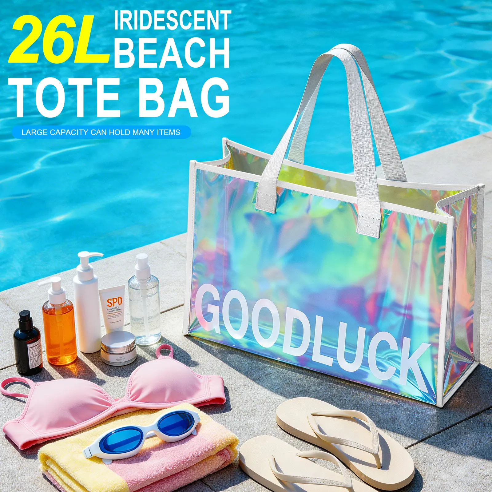 Aibesser Women's 26L Holographic Iridescent Clear Tote Bag - High-Capacity, Waterproof, Foldable, Portable Shoulder Bag for Summer Essentials, Pool Use