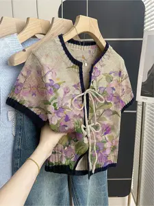 Women's khaki bohemian vacation short-sleeve knit top. Loose round neck, contrast purple gradient floral print, front tie and contrast piping. Comfortable for spring & summer casual wear.