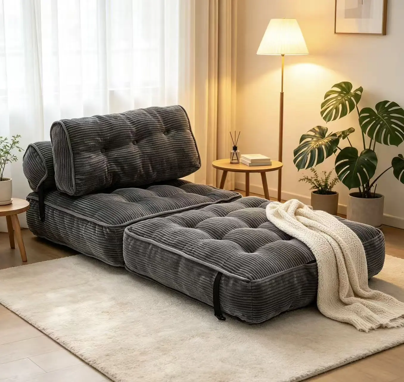 Corduroy Single Folding Sofa Bed Convertible Sleeper Chair with Pillow, 31.88x31.88in Foldable Mattress Support, Portable Floor Lounge for Bedroom, Living Room - Black/American White Oak/Antique Grey