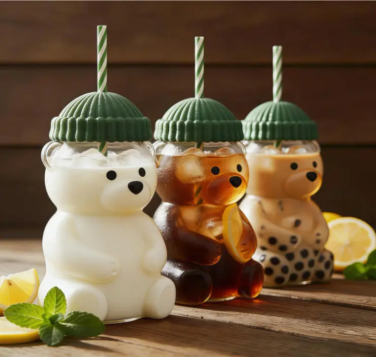 20oz Cute Bear Glass Cup With Green Knit Lid Reusable Straw Aesthetic Iced Coffee Tumbler Leakproof Water Bottle For Picnic Travel Party Gift