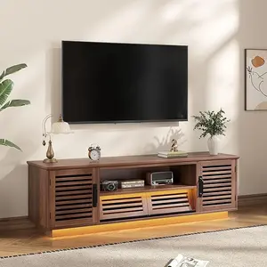Vabches 59" Mid Century Modern TV Stand with Slatted Grille Drawers and Doors, TV Media Console with LED Lights for 50/55/60 inch TV, Long Entertainment Center with Storage for Living Room, Walnut Brown