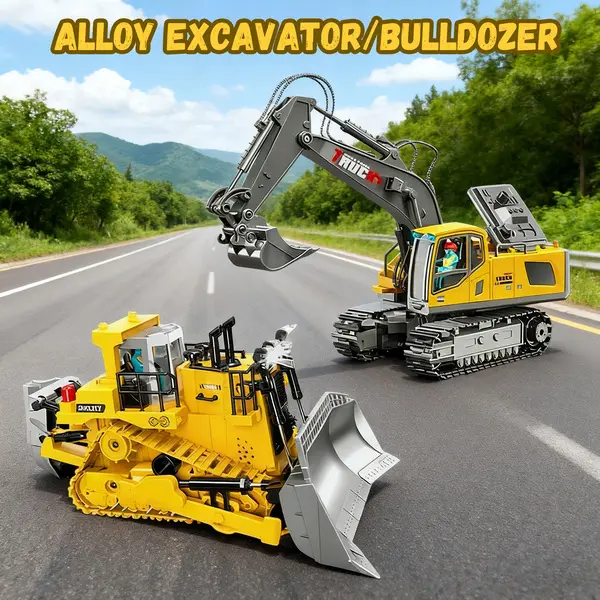 4-Piece Set of Remote Control Engineering Vehicle Combination, 2.4G High-Tech 13-Channel Remote Control Excavator, Dump Truck, Bulldozer, Alloy Plastic Engineering Vehicle, Remote Control Construction Toy Car Set