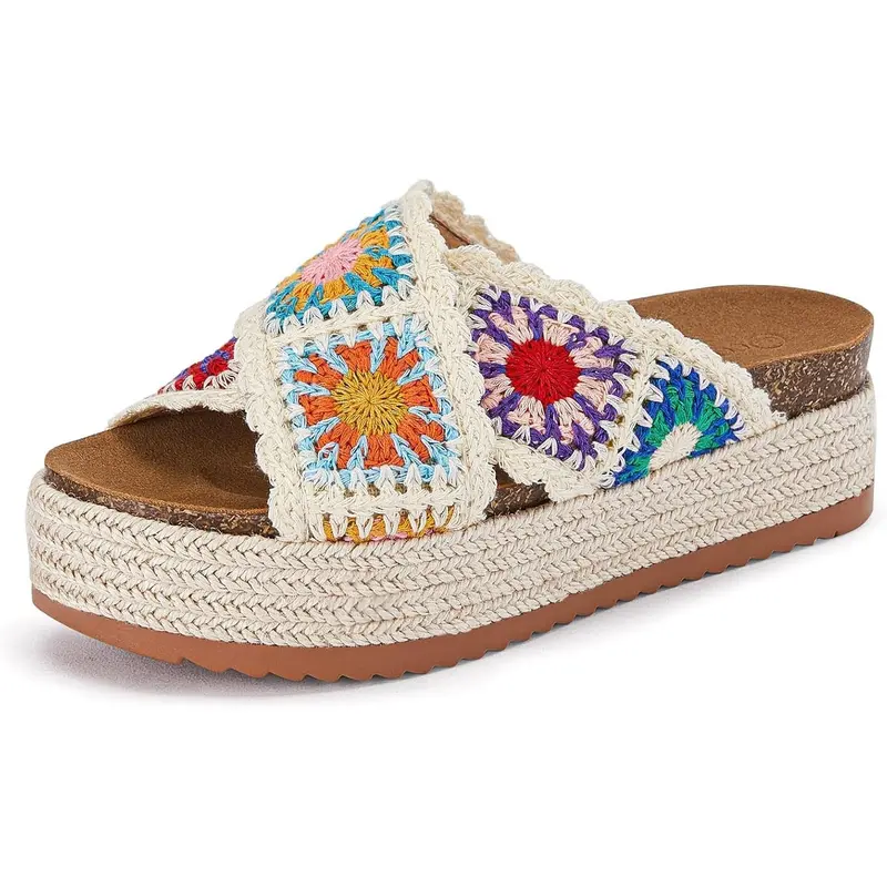 Coutgo Women's Floral Crochet Fabric Ankle Slip-On Sandals - Open Toe, Braid Accent, Cork Platform Sole, Breathable Lightweight, Casual Comfy, Beachwalk Ready, Basic Elegant Summer Footwear