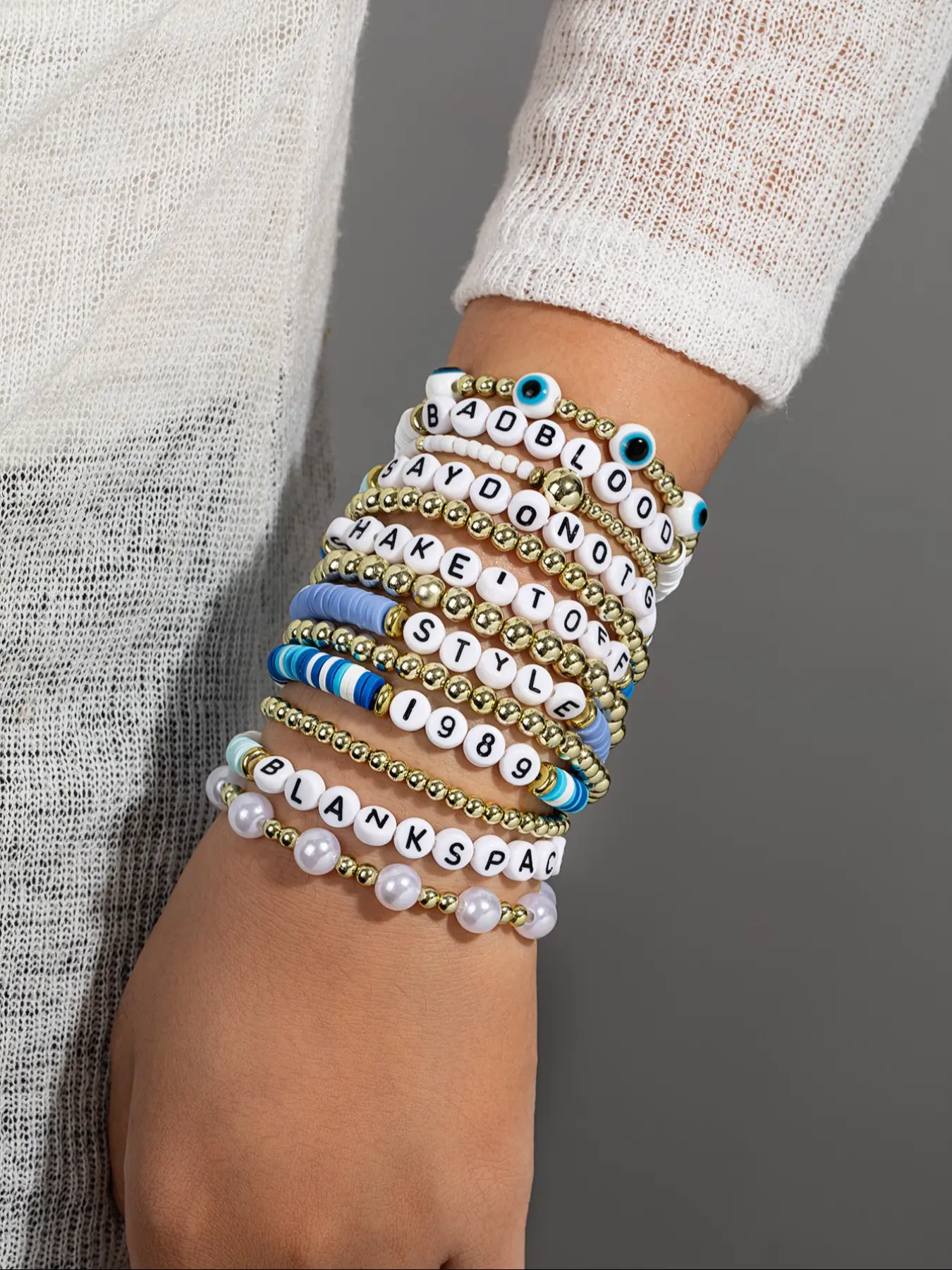 13-Piece Fashion Blue Soft Clay Letter Bracelet Set, Multi-Layered Devil Eye Beaded Elastic Wristbands, Stackable Bracelets, Perfect for Festivals Concerts Parties