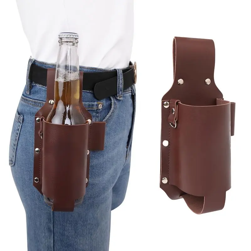 Versatile Brown Classic Leather Bottle Holster - Multi-Use Beer Holder Waist Belt Bag for Travel, Outdoor Gifting, Holiday Events (Independence Day, Carnival, Day of the Dead, Christmas) - Mexican Drinkware Accessory 01