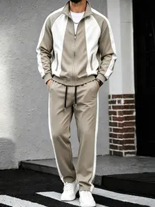 Men's Four-Season Patchwork Sport Set, Tracksuit Zip, Stand Collar Zipper Top with Drawstring Wide Leg Pants, Retro Style, Comfortable and Stylish, Sports Casual Wear, Sport Casual Outfit