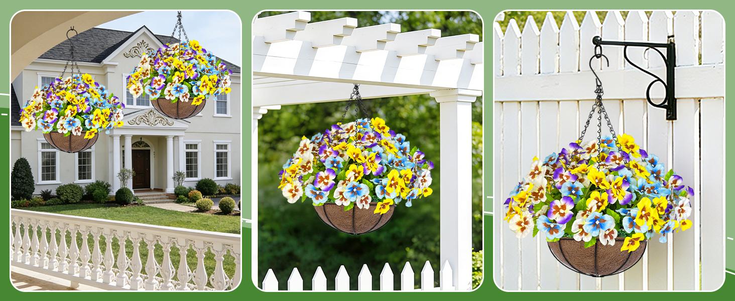 2pcs Artificial Outdoor Hanging Flowers with Basket - 189 Blooms UV Resistant Faux Hyacinth & Boston Fern Set, Waterproof Fake Plants for Porch Garden Patio Home Decor