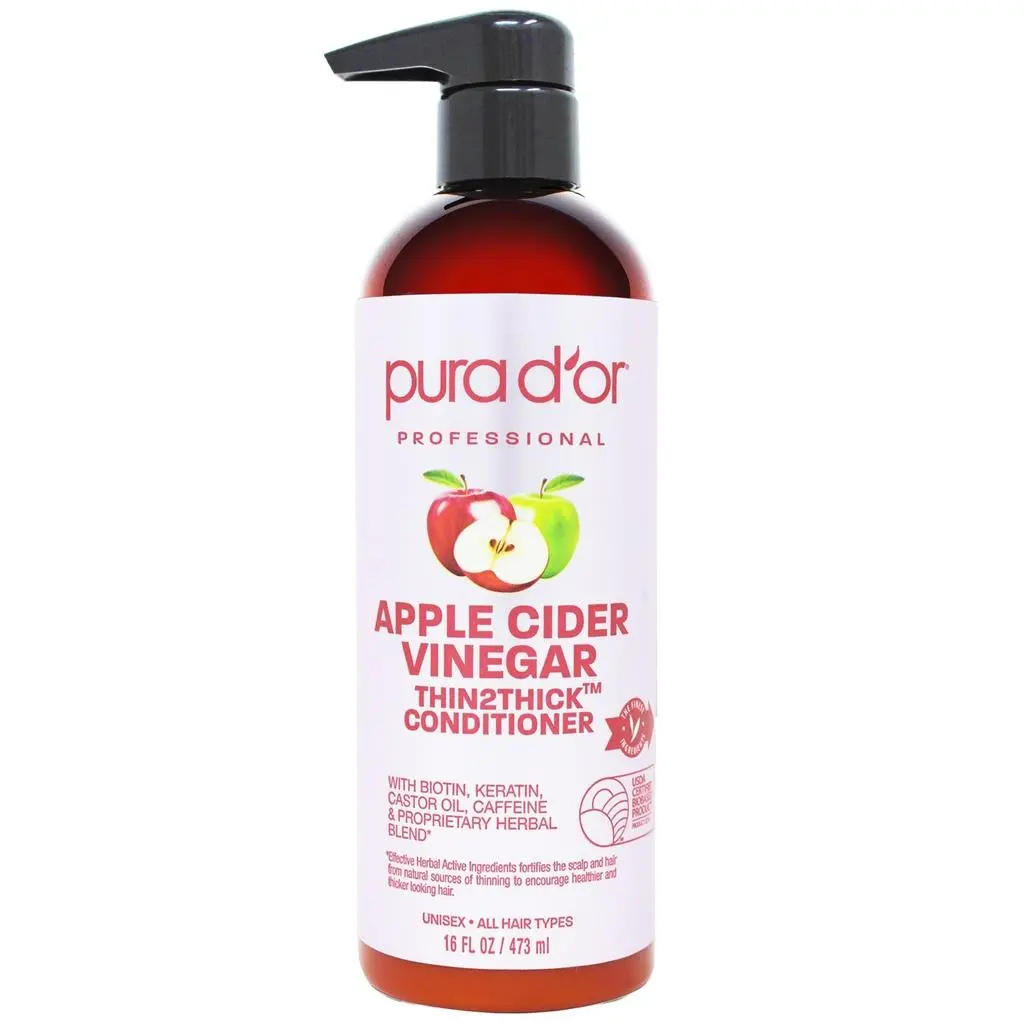 PURA D’OR Apple Cider Vinegar Thin2Thick Conditioner 16oz (473ml) – Conditioner for Thinning Hair with Biotin, Keratin, Castor Oil & Caffeine, Deep Moisturizing Anti-Frizz Conditioner