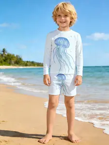 Spring and Summer Collection Jellyfish Blue Ocean Wave Design Print Boy's Leica shorts + long sleeve swimsuit set two-piece sun protection Quick-drying and breathable, skin-friendly and soft Beach vacation Casual and versatile children's separate