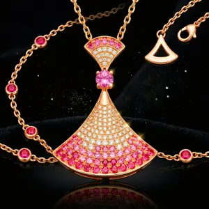 VAELUME Pink Red Ombre Fan Necklace, 18K Rose Gold Plated Gradient Zircon Skirt Pendant, Perfect for Daily Wear, Anniversaries,Birthday Gift for Women and Girls # N0011