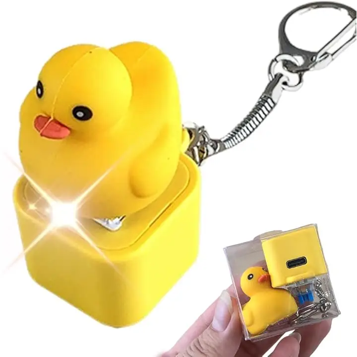 Duck Quacking Keychain & Cat Meowing Keychain, Funny Quacking Duck Hat Keychain, USB Rechargeable Sensory Button Quacking Duck Toy Keychain