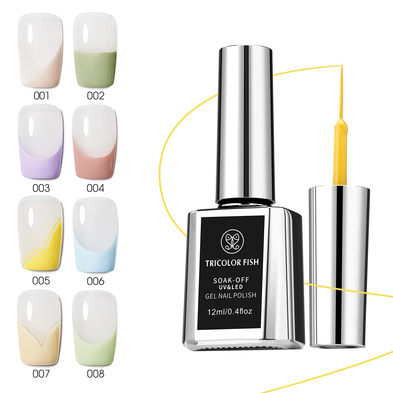 TRICOLOR FISH Tricolor Swirl Gel Polish (12ml), UV-Curing Nail Art Liner Gel with Thin Brush, Long-Lasting Toxin-Free Pink Blue Green, for Manicure at Home DIY French Manicure, Single Item Nail Care Product, Cosmetic, French Tip Nails