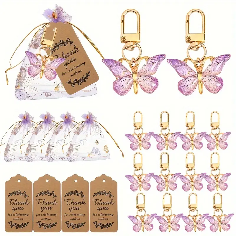 36pcs Party Favor Keychain Set – Purple Butterfly Design, Includes 12 Keychains, 12 Cards, 12 Yarn Bags, Ideal for Birthday, Wedding, Gender Reveal