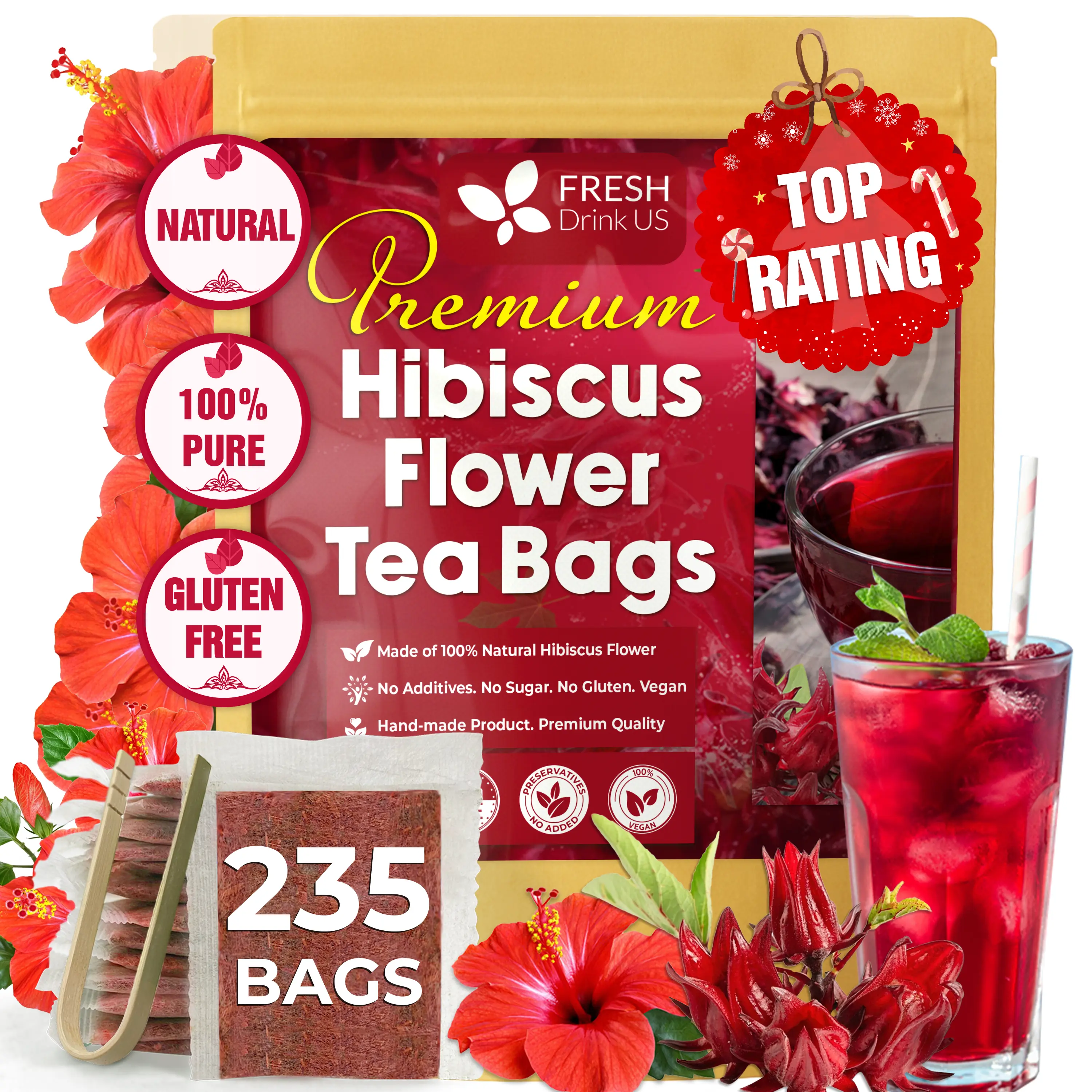 【FreshDrinkUS】 Premium 235 Hibiscus Flowers Tea Bags, 100% Natural, Pure from Hibiscus Flowers. Loose Flower Hibiscus Herbal Tea. Hibiscus Flower Tea. No Sugar, No Caffeine, No Gluten, Vegan. hibiscus tea