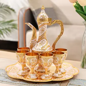 Vintage Teapot Set 7.4oz Teapot 6 Cups 1 Tray Zinc Alloy Electroplated Relief Pattern For Valentine's Day Tea Coffee Home Gift