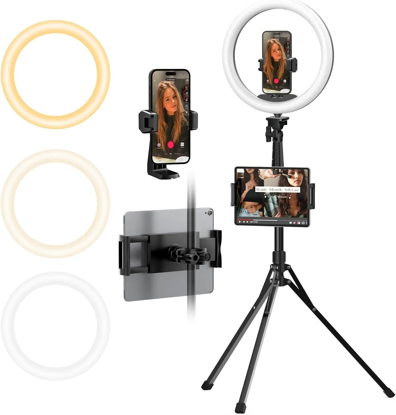 UBeesize 12" Adjustable LED Ring Light with 74" Extendable Tripod Stand, Smartphone/iPhone/iPad Holder - Content Creator Accessories, Vlogging & Streaming Equipment, Tripod for iPhone