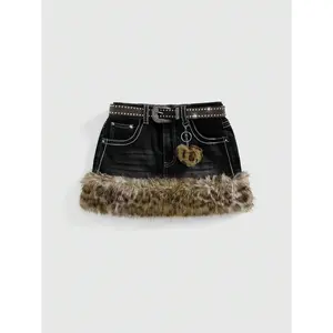 Y2K Gyaru Retro Leopard Print Fluffy Hem Women's Mini Low-Waisted Skirt With Belt Accessory