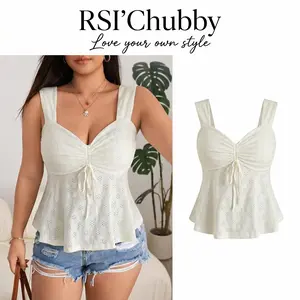 Women Plus Size Eyelet Lace Hollow Out Drawstring Ruched Thick Strap Camisole Blouses Sweetheart Neck Peplum Tank Tops Cute Cottagecore Going Out Top