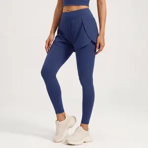Women‘s 2 in 1 High Waist Yoga Leggings with Pockets, Flowy Shorts Overlay Compression Pants for Gym Running