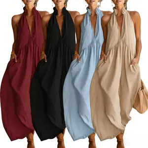 Halter Neck Maxi Dress Women Minimalist Casual Loose Fit Summer Beach Vacation Long Dress Lightweight with Pockets