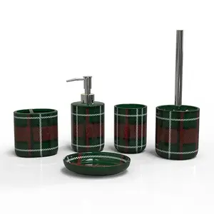 Five Piece Green or Red Plaid Ceramic Bathroom Accessory Set with Soap Dispenser Toothbrush Holder and Tumbler