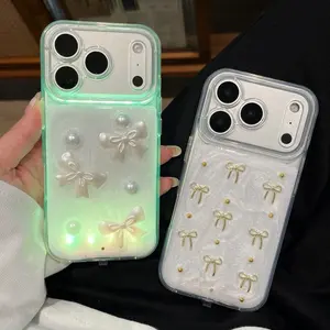 Sound-Control Glowing Resin Bow Phone Case, Creative Couple Style, Fits iPhone 13/14/15/16/17 Pro/plus/pro Max, Unique Call Light Cover, Cellphone Accessories