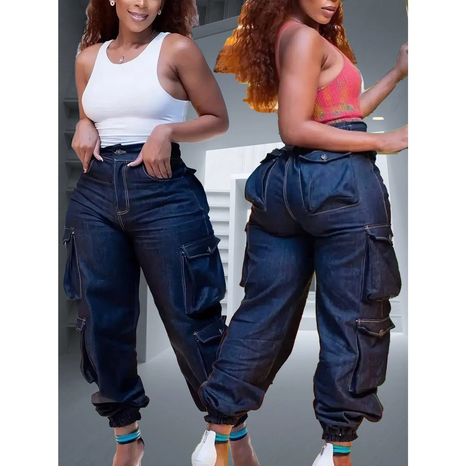 Women's Baggy Casual Chic Trousers, Elegant High-Waisted Solid High Stretch Wide-Leg Bottoms with Pockets, Cotton, Loose, Pants, Elastane