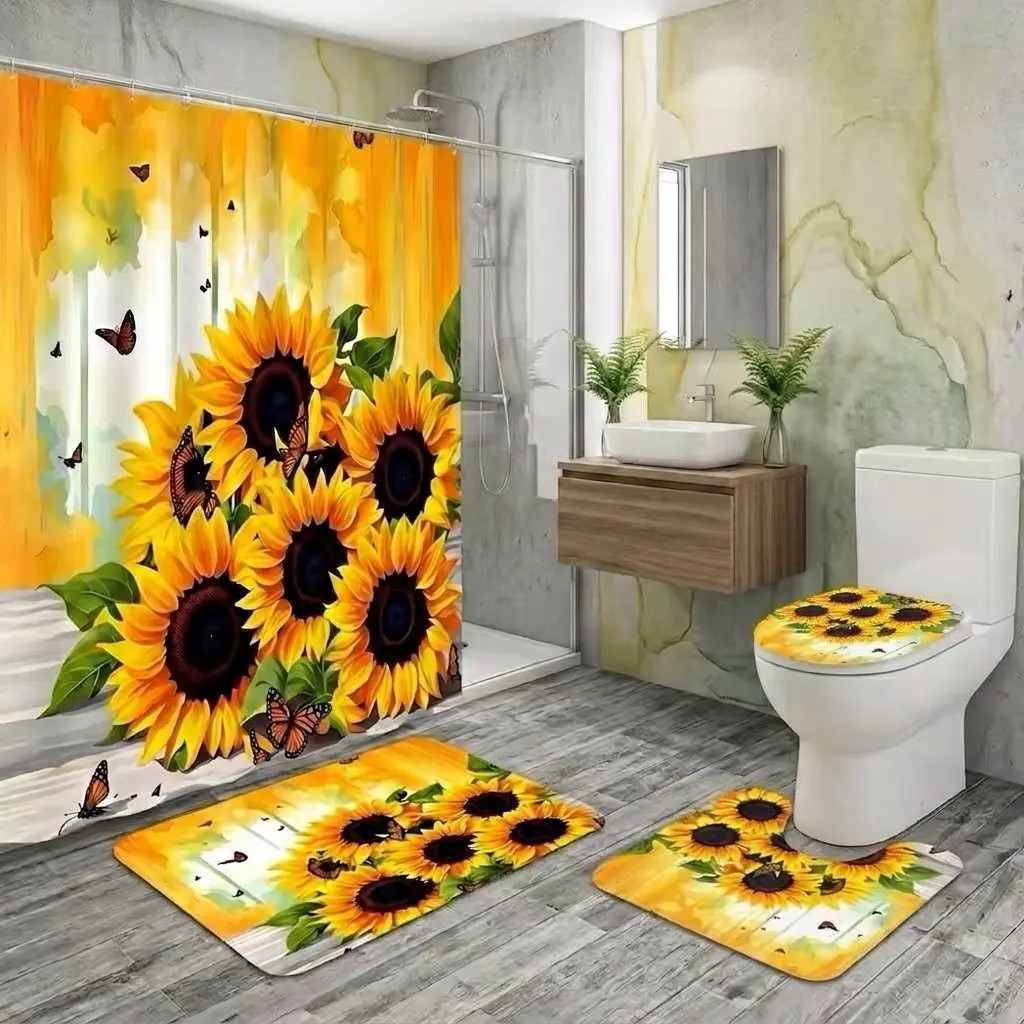 4Pcs Floral Shower Curtain Set Sunflowers, Butterflies, Watercolor Wash, Bathroom Sets with Rugs for Summer, Aesthetic Bathroom Decor Bright Sunflowers With Butterflies And Watercolor Wash For Cheerful Summer Bathroom Atmosphere